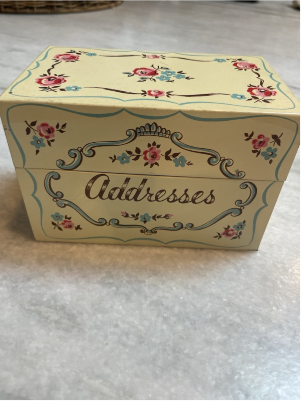 Vintage Stylecraft Floral Metal Address Card File Box w/ Cards Mid Century Decor